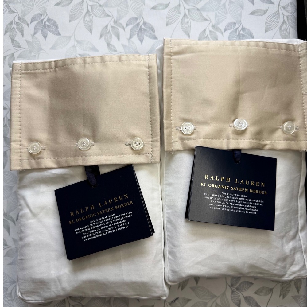 Set of 2 Ralph Lauren RL Organic Sateen Border European Shams White Sand New